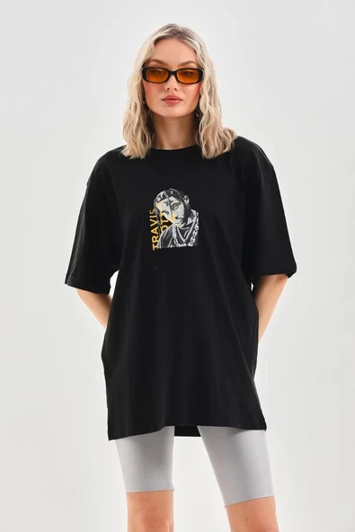 Unisex Baskılı Oversize T-Shirt - Siyah - Resim 6