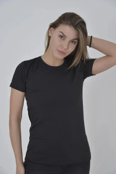 Kadın Omuz Fileli Slim Fit T-shirt - Siyah ürün görseli