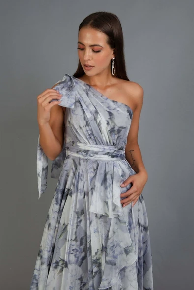 ELBİSE SIFON EMPIRME DESEN UZUN TEK OMUZ - Resim 4