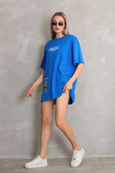 Unisex Bisiklet Yaka Baskılı Oversize T-Shirt - Mavi - 5