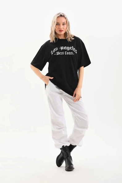 Unisex Baskılı Oversize T-Shirt - Siyah - Resim 8