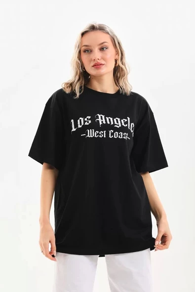 Unisex Baskılı Oversize T-Shirt - Siyah - Resim 7