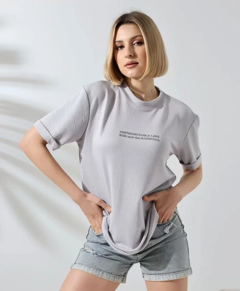 Unisex Bisiklet Yaka Baskılı Slim Fit T-Shirt - Boyalı Gri - Resim 2
