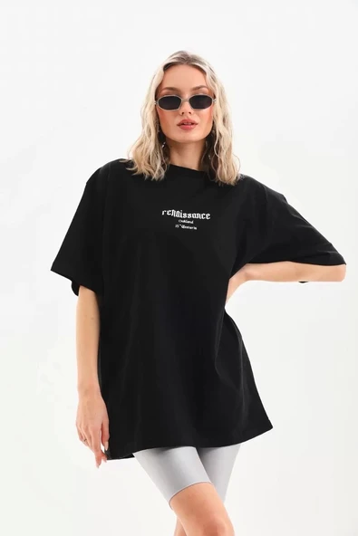 Unisex Baskılı Oversize T-Shirt - Siyah - Resim 5