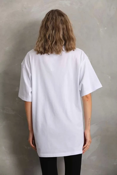 Unisex Taş Desenli Oversize T-Shirt - Beyaz - Resim 2