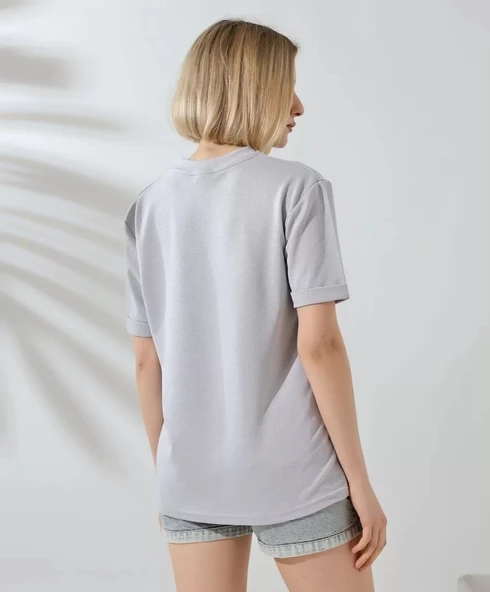 Unisex Bisiklet Yaka Baskılı Slim Fit T-Shirt - Boyalı Gri - Resim 6