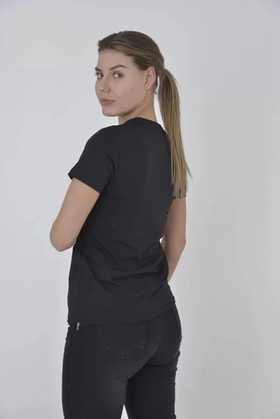 Kadın Yandan Fermuarli Slim fit T-shirt - Siyah - 1