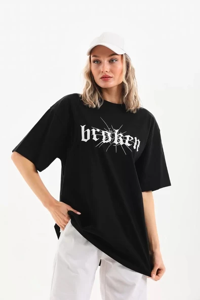 Unisex Baskılı Oversize T-Shirt - Siyah - 5