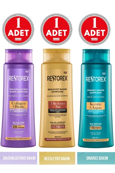 Restorex Şampuan 500 ml x 3 Adet (Keratin&Argan, Collagen&Biotin, 7 Besleyici Yağ) - 1