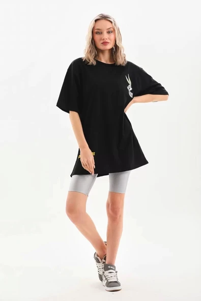Unisex Baskılı Oversize T-Shirt - Siyah - 6