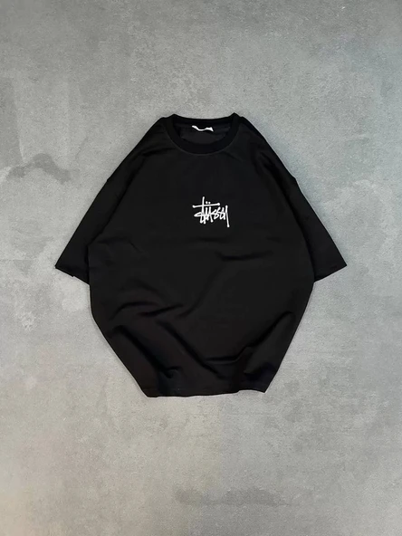 Unisex Bisiklet Yaka Baskılı Oversize T-Shirt - Siyah ürün görseli