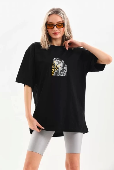 Unisex Baskılı Oversize T-Shirt - Siyah - Resim 8