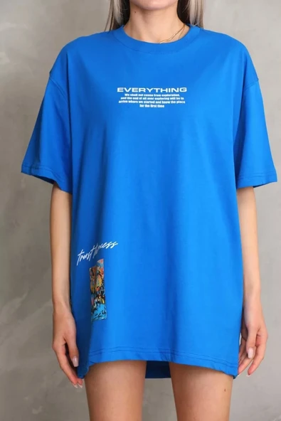 Unisex Bisiklet Yaka Baskılı Oversize T-Shirt - Mavi - 2