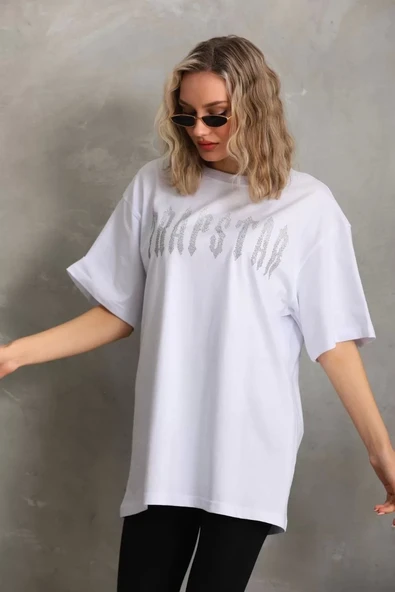 Unisex Taş Desenli Oversize T-Shirt - Beyaz - Resim 7