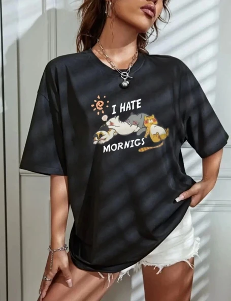 Kadın Bisiklet Yaka Baskılı Oversize T-Shirt - Siyah ürün görseli