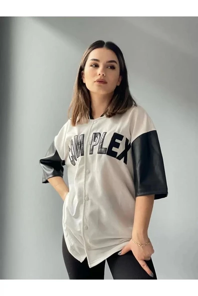 Kadın Complex Kolları Deri Kolej Oversize T-shirt - Beyaz - Resim 4