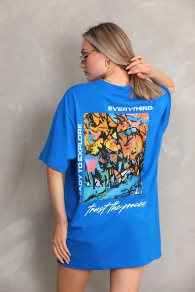 Unisex Bisiklet Yaka Baskılı Oversize T-Shirt - Mavi - 6