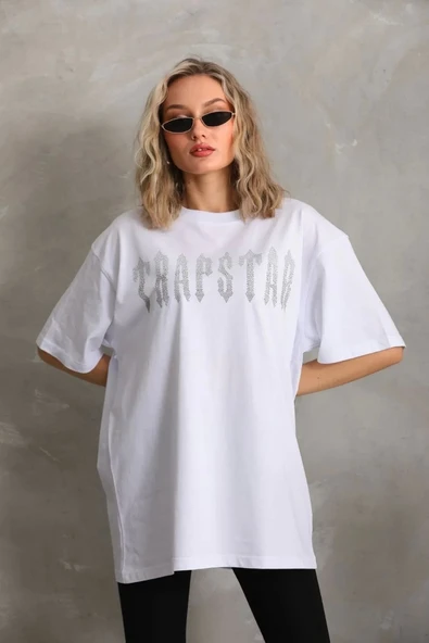 Unisex Taş Desenli Oversize T-Shirt - Beyaz ürün görseli
