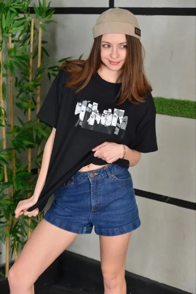 Unisex Bisiklet Yaka Baskılı Oversize T-Shirt - Siyah - Resim 3