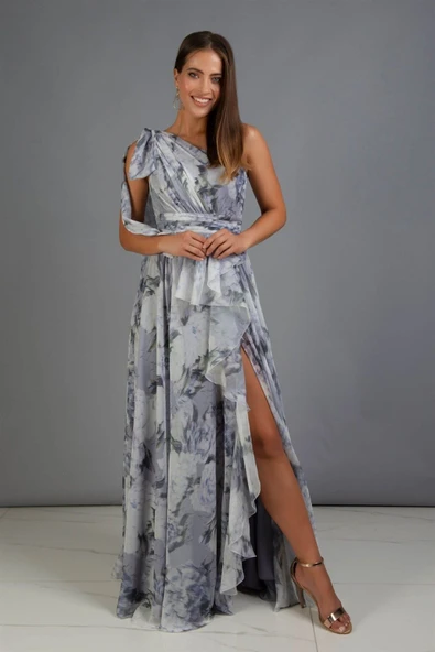 ELBİSE SIFON EMPIRME DESEN UZUN TEK OMUZ - Resim 5