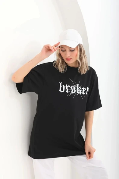 Unisex Baskılı Oversize T-Shirt - Siyah - 7