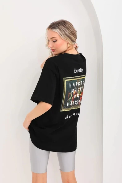 Unisex Baskılı Oversize T-Shirt - Siyah - Resim 7