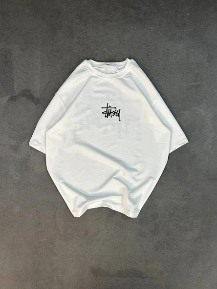 Unisex Bisiklet Yaka Baskılı Oversize T-Shirt - Beyaz ürün görseli