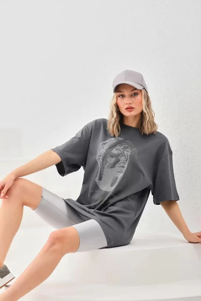 Unisex Taş Desenli Oversize T-Shirt - Füme - Resim 6