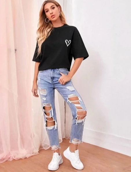 Kadın Bisiklet Yaka Baskılı Oversize T-Shirt - Siyah - 2