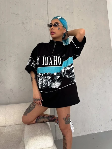 Unisex Baskılı Yarım Fermuarlı T-Shirt - Siyah - Resim 3