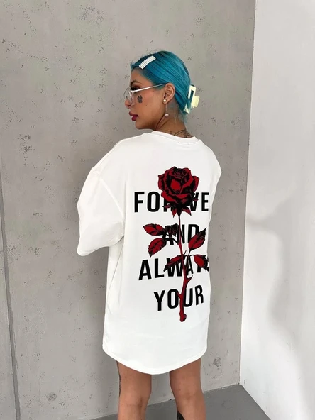 Unisex Bisiklet Yaka Baskılı Oversize T-Shirt - Beyaz - Resim 2