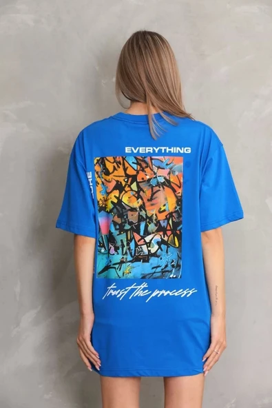 Unisex Bisiklet Yaka Baskılı Oversize T-Shirt - Mavi - 7