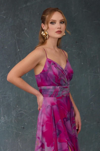 ELBİSE UZUN ASKILI DIGİTAL BASKILI YIRTMAÇLI - Resim 4