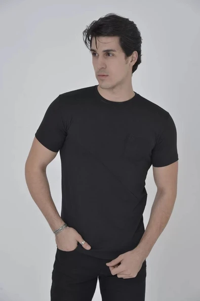 Erkek File Cepli Slim fit T-shirt - Siyah ürün görseli