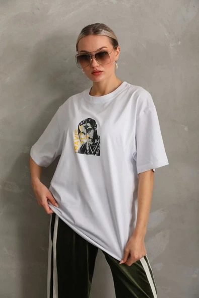 Unisex Baskılı Oversize T-Shirt - Beyaz - Resim 6