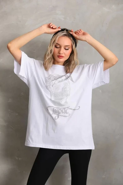 Unisex Taş Desenli Oversize T-Shirt - Beyaz - 6