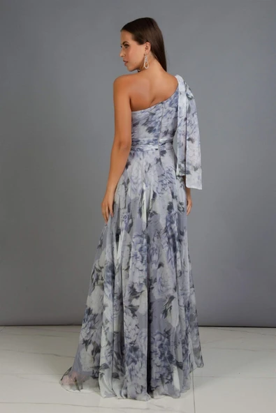 ELBİSE SIFON EMPIRME DESEN UZUN TEK OMUZ - Resim 6