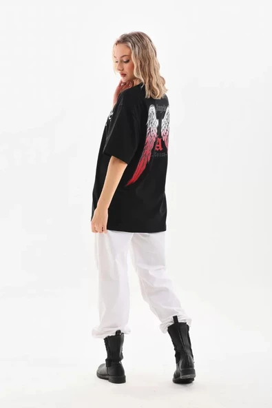 Unisex Baskılı Oversize T-Shirt - Siyah - Resim 6