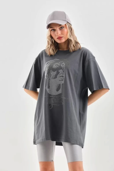 Unisex Taş Desenli Oversize T-Shirt - Füme ürün görseli