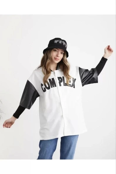 Kadın Complex Kolları Deri Kolej Oversize T-shirt - Beyaz - Resim 7