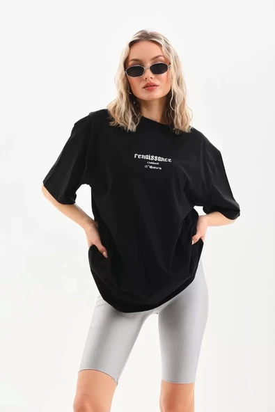 Unisex Baskılı Oversize T-Shirt - Siyah - Resim 7