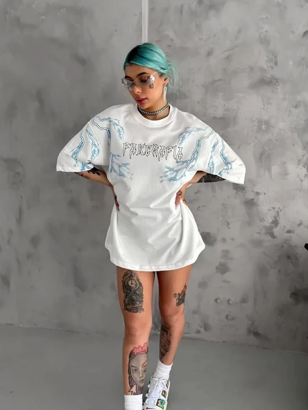 Unisex Bisiklet Yaka Baskılı Oversize T-Shirt - Beyaz - Resim 2