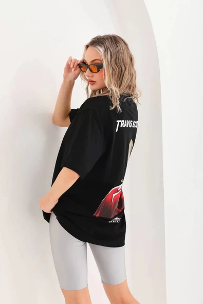 Unisex Baskılı Oversize T-Shirt - Siyah - Resim 5