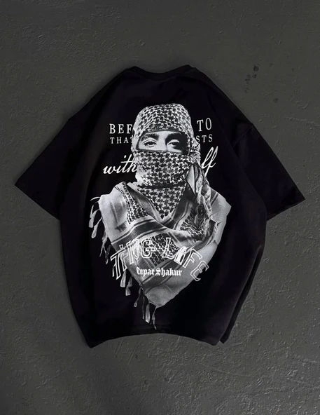 Unisex Baskılı Oversize T-Shirt - Siyah - Resim 3