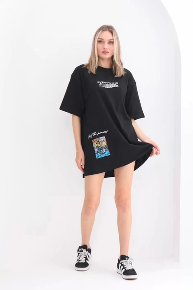 Unisex Bisiklet Yaka Baskılı Oversize T-Shirt - Siyah - Resim 6