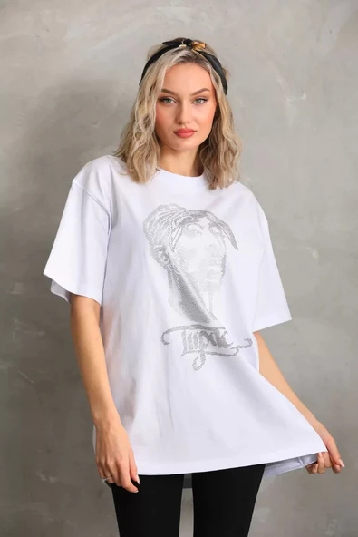 Unisex Taş Desenli Oversize T-Shirt - Beyaz - 5