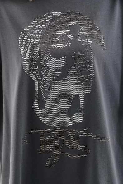 Unisex Taş Desenli Oversize T-Shirt - Füme - Resim 2