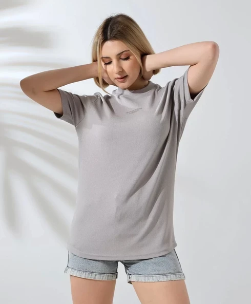 Unisex Bisiklet Yaka Baskılı Slim Fit T-Shirt - Boyalı Gri - 5