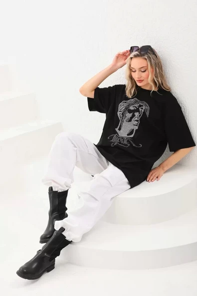 Unisex Taş Desenli Oversize T-Shirt - Siyah - 7