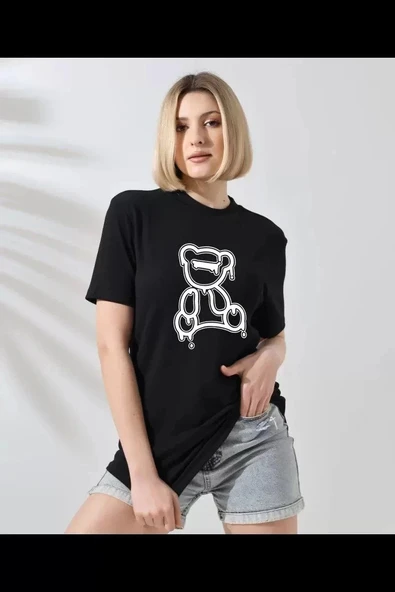 Unisex Kadın Bisiklet Yaka Baskılı T-Shirt - Siyah ürün görseli